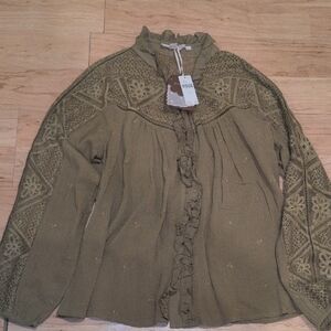 Anthropologie Forever That Girl Olive Embroidered Blouse